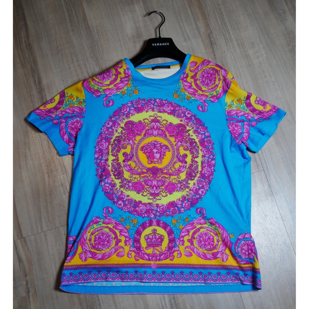 Versace Medusa Barocco Print T-Shirt Blue Yellow Pink XL Made in Italy
